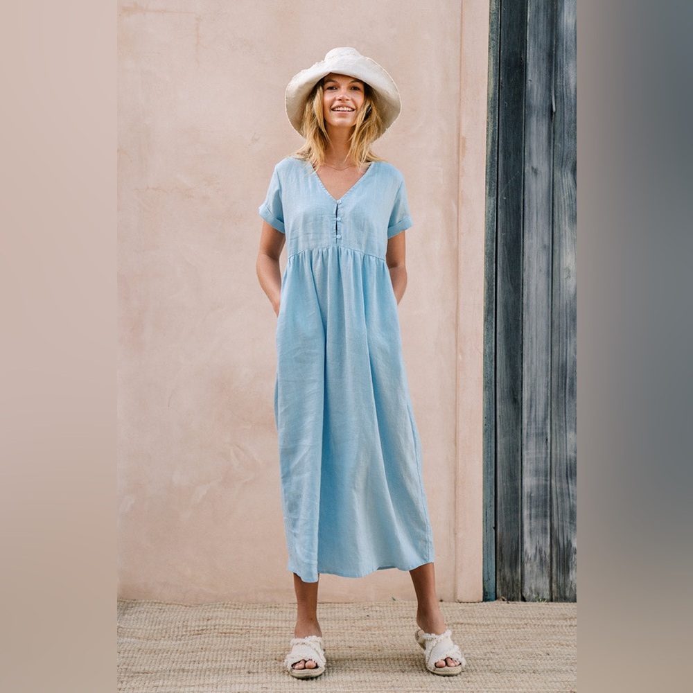 NWOT ROVE Linen Sunseeker Babydoll Sky coastal Coastal Earth Tones Lagenlook L